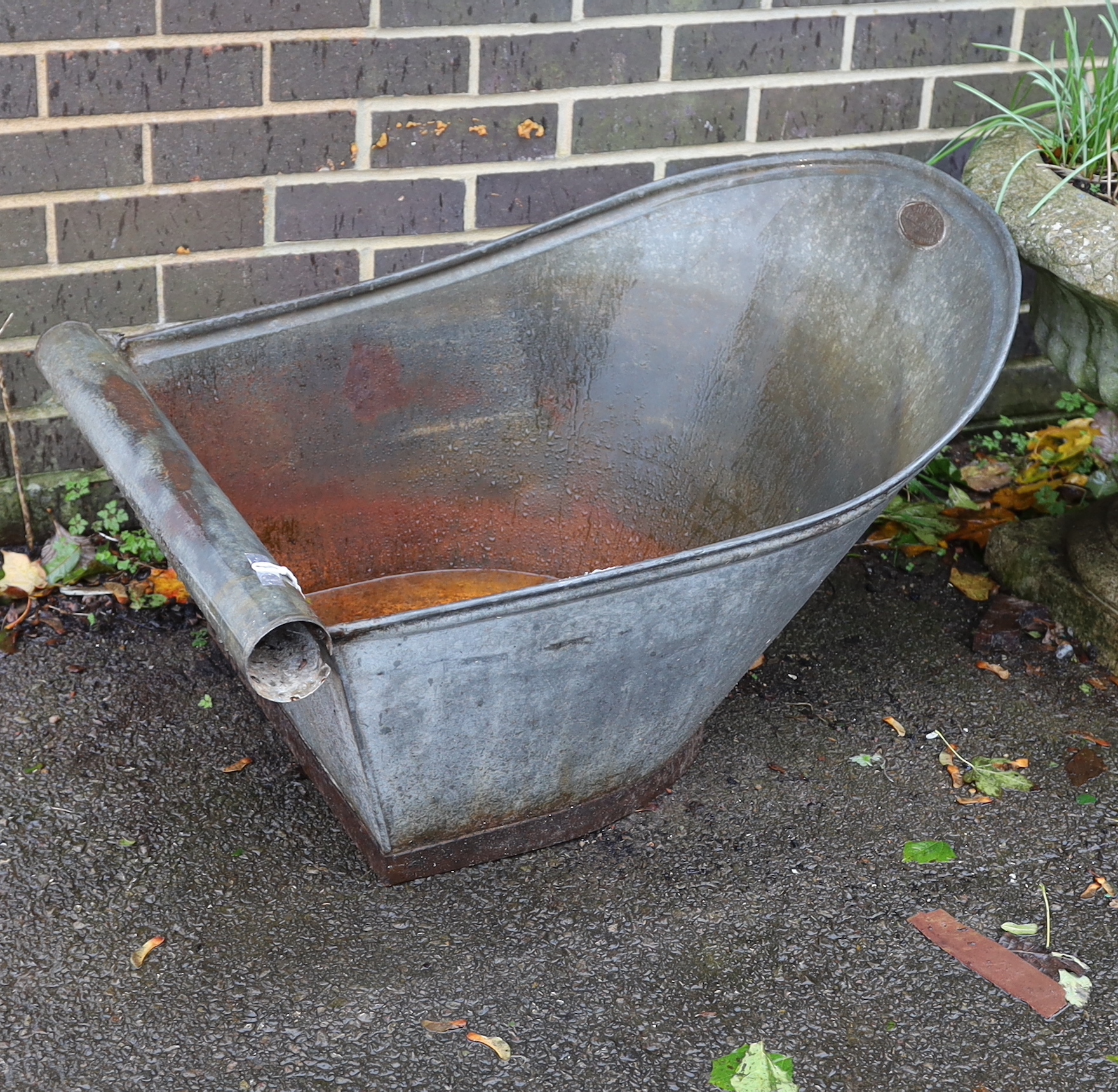 A vintage French galvanised child's bath length 84cm, width 60cm, height 54cm